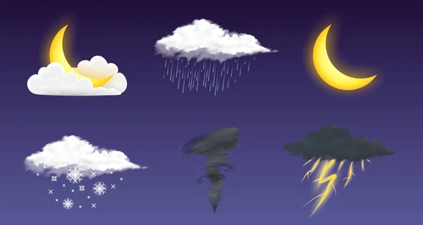 Conjunto de iconos meteorológicos realistas modernos. Símbolos meteorológicos sobre fondo transparente. Ilustración vectorial a color para aplicaciones móviles, impresas o web. Tormenta y lluvia, clara y nublada, tormenta y nieve . — Archivo Imágenes Vectoriales