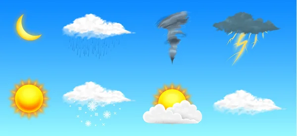 Zestaw ikon nowoczesnych realistyczne Pogoda. Meteorologia symbole na przezroczystym tle. Ilustracja wektorowa kolor dla aplikacji mobilnej, drukowania lub sieci web. Burza i deszcz, jasne i pochmurny, burza i śnieg. — Wektor stockowy