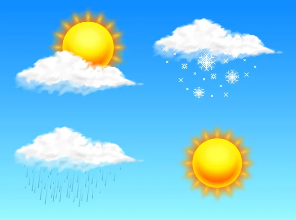 Modern realisztikus Idojárás ikonra. Meteorológia szimbólum a kék háttér. Színes vektoros illusztráció mozgatható app, a nyomtatás vagy a webes. süt a nap és a felhők. — Stock Vector