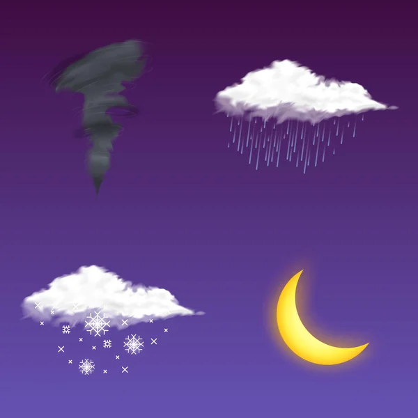 Ícone de tempo realista moderno. Símbolo de meteorologia sobre fundo escuro. Ilustração do vetor de cores para aplicativo móvel, impressão ou web. lua e relâmpago, crescente na nuvem . — Vetor de Stock