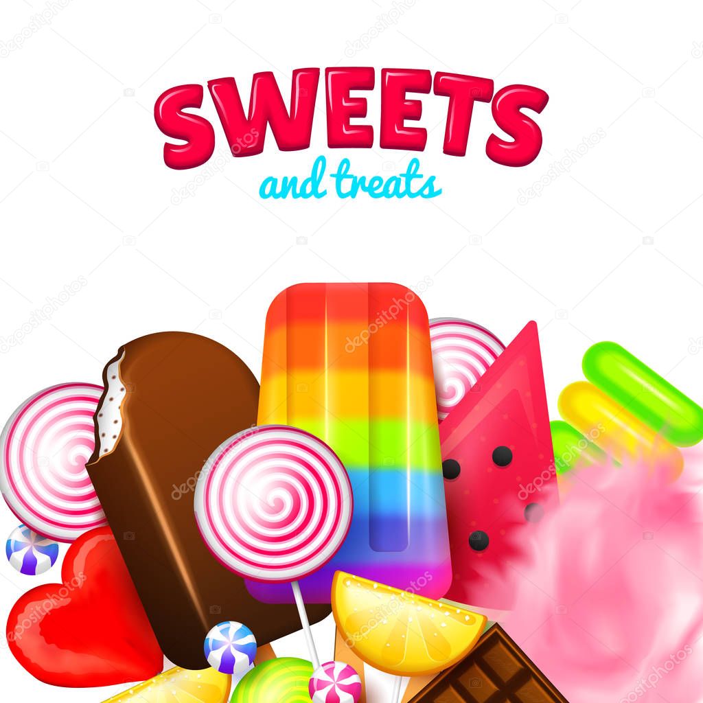 Realistic Sweet candies. Swirl caramel, assorted circle lollipops, dragee and chocolates, fruit jelly, Sugar clouds, cotton and watermelon. 3d game background. holiday colors in modern style