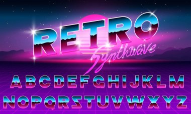 80 s mor neon retro yazı tipi. Fütüristik metal krom harfler. Koyu arka plan üzerinde parlak alfabe. Işık sembolleri üye club gece göstermek için. Galaksideki boşluk kavramı. Dizi türü. Seviyelendirilmiş sürüm.