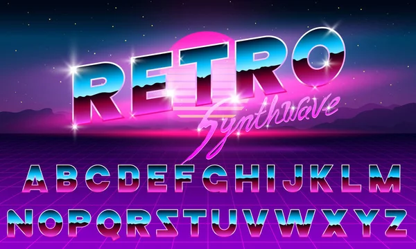 80 s purple neon retro fuente. Letras cromadas de metal futurista. Alfabeto brillante sobre fondo oscuro. Señal de símbolos de luz para el espectáculo nocturno en el club. concepto de espacio galáctico. Conjunto de tipos. Versión esbozada . — Vector de stock