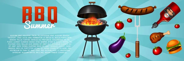 烧烤炉元素设置在红色背景上隔离。烧烤派对海报。夏季时间。肉类餐厅在家里。带有工具、调味汁和食物的木炭壶。厨房设备的菜单。户外烹饪 — 图库矢量图片