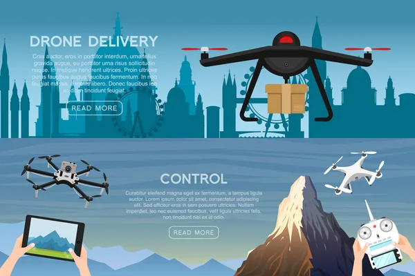 Moderna luft drönare för kort och fjärrkontroll. Video- och foto- och leverans. Vetenskap och teknik. Radio-robot med kameran i luften. Innovativa system. Bakgrund eller affisch. — Stock vektor