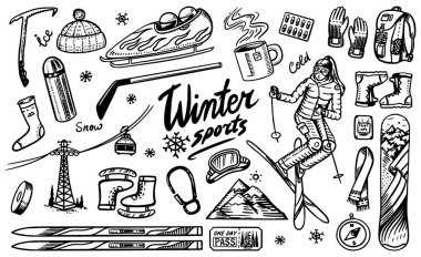 Kış sporları sezonu. Klasik snowboard ve kayak, atlama sporcusu, dağ kablosu, füniküler ya da halat, patenler, açık hava aktiviteleri için sıcak kıyafetler. El çizimi vektör arkaplanı Doodle biçimi.