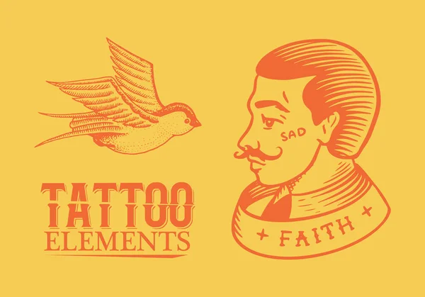 Tatouage old school. Homme et avaler sur fond jaune. Esquisse rétro vintage gravée à la main pour carnet ou logo . — Image vectorielle