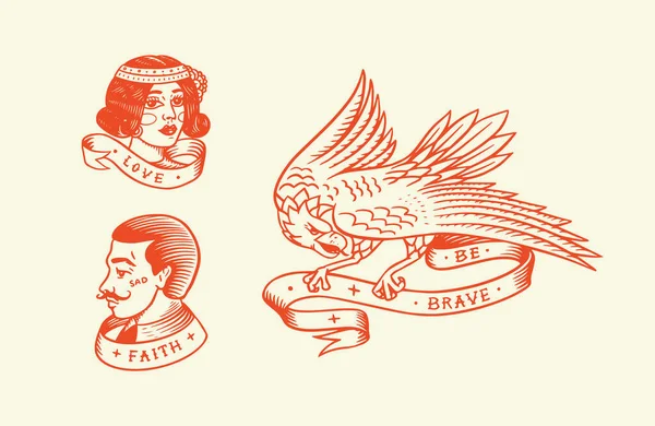 Татуировка старой школы. Хипстерский мужчина, женщина и орел. Выгравированный вручную винтажный ретро эскиз для бейджа или логотипа . — стоковый вектор