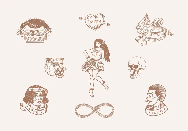Set de pegatinas de tatuaje de la vieja escuela. Mujer bailarina hawaiana, hombre hipster, faro, pantera, cráneo y serpiente. Dibujo retro vintage grabado a mano para cuaderno o logotipo . — Archivo Imágenes Vectoriales