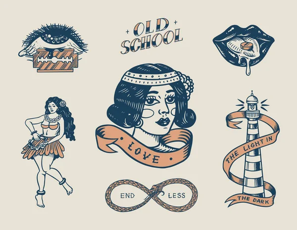 Conjunto de vintage old school tatuagem. Personagens jogando cartas, mulher dançarina hula havaiana, lábios e farol, pantera, dados e cobra. Esboço gravado desenhado à mão. Emblemas, estampas ou remendos para t-shirt . — Vetor de Stock