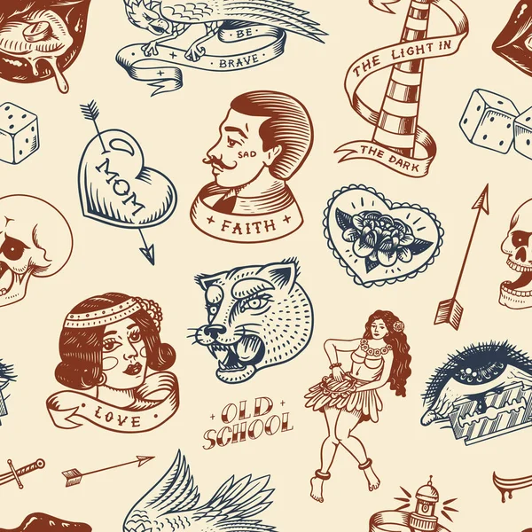 Old school Tattoo Naadloos patroon. Hawaiiaanse hoela danseres, vuurtoren, panter, schedel en slang. Gegraveerde handgetekende schets voor afdruk. — Stockvector