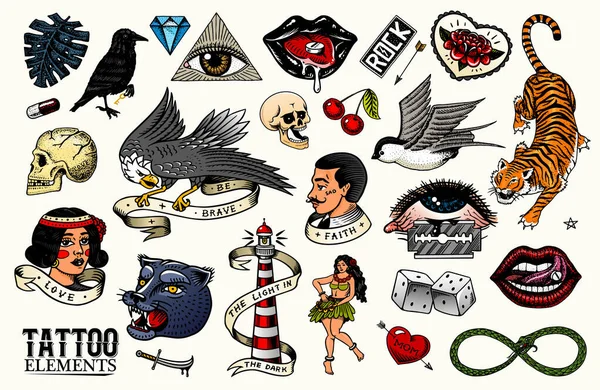 Set de tatuaje vechi de școală. tigru și buze, vultur și înghiți, craniu și pasăre în stil rock. Gravură desenată manual schiță retro de epocă pentru notebook sau logo sau tricouri . — Vector de stoc