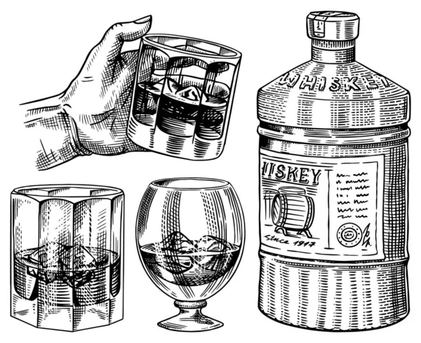 Whisky vintage en la mano. Whisky con bourbon, botella de vidrio, brindis. Bebida alcohólica fuerte. Dibujo grabado a mano para póster, etiqueta retro o placa. Símbolos americanos . — Archivo Imágenes Vectoriales