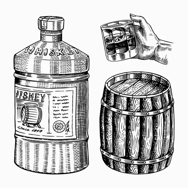 Vintage Whiskey baril, Bouteille en verre pour scotch Bourbon à la main pour Cheers toast. Forte boisson alcoolisée. Fût en bois. Esquisse gravée à la main pour affiche, insigne. Symboles américains . — Image vectorielle