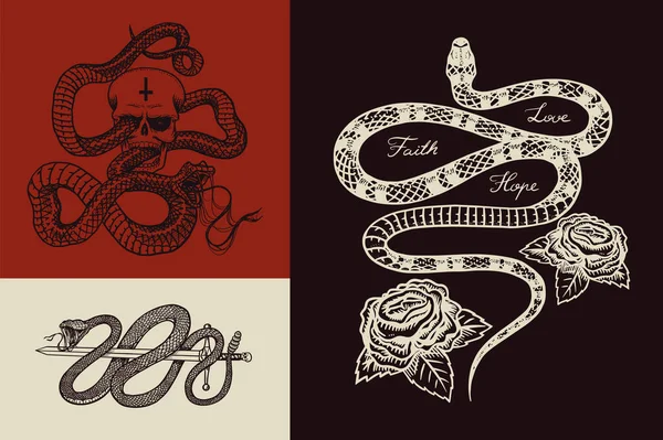 Pitone reale con teschio, serpente da latte con rose, rettile con spada. Modello di vipera velenosa per poster o tatuaggio. vecchio schizzo Vintage inciso a mano per t-shirt o logo . — Vettoriale Stock