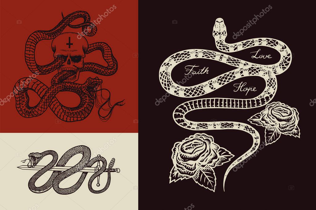 Royal python with a skull, a milk snake with roses, a reptile with a sword. Poisonous Viper template for poster or tattoo. Engraved hand drawn old Vintage sketch for t-shirt or logo