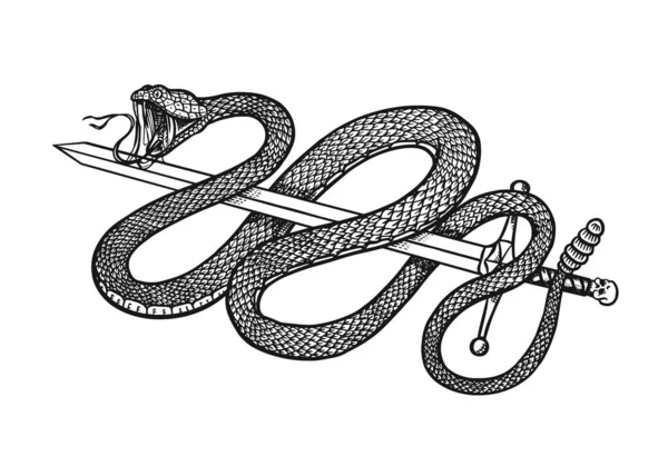 Serpente com uma espada em estilo Vintage. Serpente cobra ou pitão ou víbora venenosa. Esboço de réptil antigo desenhado à mão gravada para tatuagem. Anaconda para adesivo ou logotipo ou camisetas . — Vetor de Stock