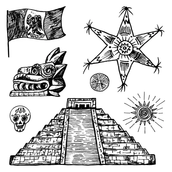 Meksika klasik tarzda ayarlanmış. Geleneksel ulusal unsurlar: piramit ve yıldız, bayrak ve ejderha. Oymalı el çizimi çizimi. — Stok Vektör