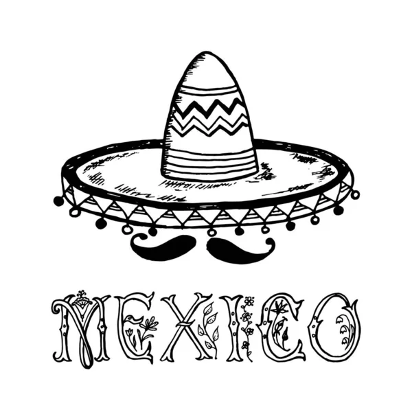 Chapéu Sombrero mexicano. Cobertura para a cabeça tradicional nacional em estilo vintage. Gravado mão desenhado velho esboço vetorial . — Vetor de Stock