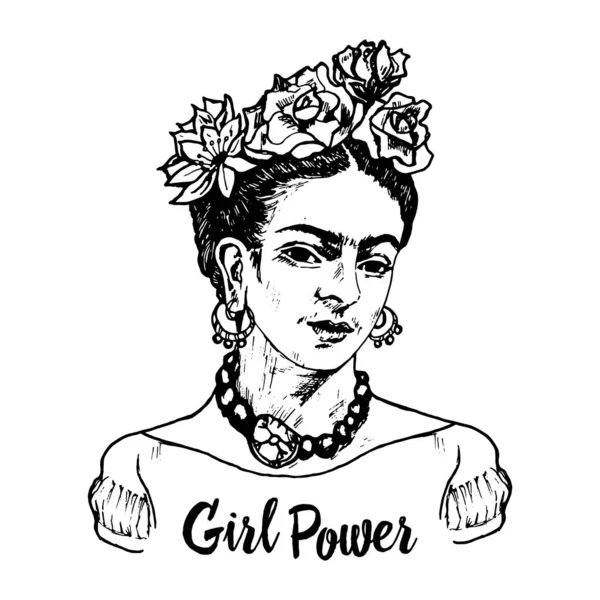 Women Feminist with flowers. Portrait of mexican female in traditional national dress. Inscription Girl Power. Engraved hand drawn old vector sketch. — Stock Vector