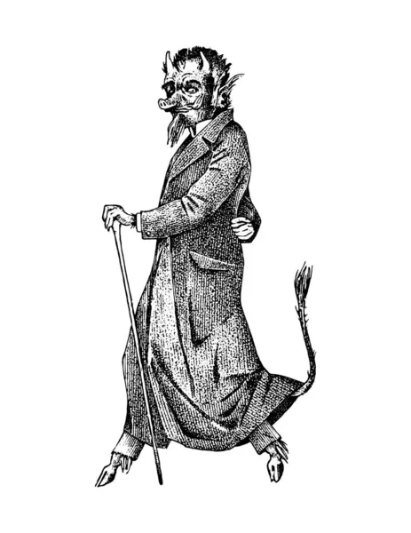 Boynuzlu ya da domuz burunlu bir şeytan. Eski tarz mistik hayali bir karakter. Kabartmalı fantezi yaratık. El çizimi vektör çizimi. — Stok Vektör