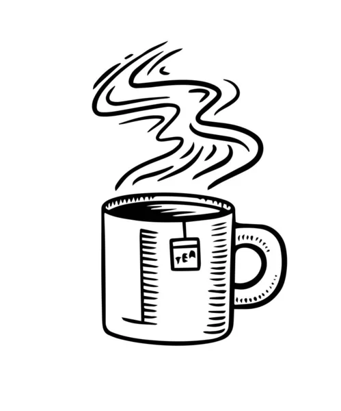 Ζεστό τσάι σε ένα φλιτζάνι. Θερμό ποτό με ατμό. Χαραγμένο χέρι ζωγραφισμένο σε παλιό σκίτσο. Πρότυπο για σημειωματάριο ή αυτοκόλλητο, λογότυπο ή μενού σε καφετέρια. — Διανυσματικό Αρχείο