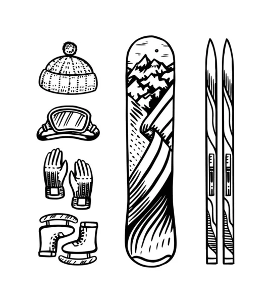 Винтажный стиль сноуборд и лыжи. Зимняя теплая одежда. Элементы активного горного спорта. Ретро эскиз с гравировкой вручную для наклеек или вывесок, баннеров или блокнотов . — стоковый вектор