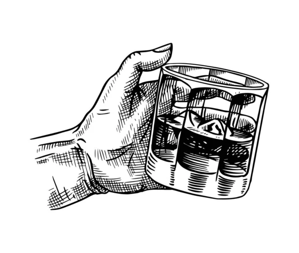 Santé, toast. Un verre de whisky dans les mains. Insigne américain vintage. Étiquette alcoolisée. Une boisson forte. Esquisse gravée pour affiche, bannière ou t-shirt . — Image vectorielle