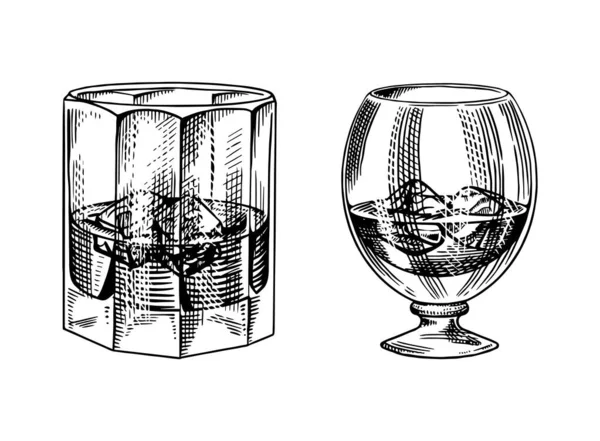 Vintage-Glas Whisky. retro starken Alkoholkonsum. Handgezeichnete, gravierte Skizze für Poster, Retro-Etikett oder Abzeichen. American Scotch oder Bourbon, Symbol. — Stockvektor