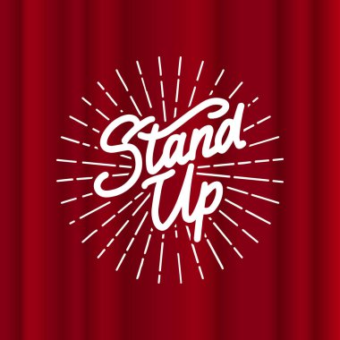  Harf Ayağa Kalkıyor. Kaligrafik metin komedi şovu. Poster, web rozeti, etiket, amblem ya da logo için eski bir eskiz üzerine oyulmuş el yazısı. Sahnede kavram. Vektör illüstrasyonu. 