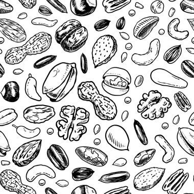 Fındıksız desen. Tohumlar ve granüller, mısır ve tahıl. Fındık, Ceviz, Badem. Yemek konsepti. Üst görünüm arkaplanı. Klasik poster. Monokrom tarzında oyulmuş el çizimi çizimi.
