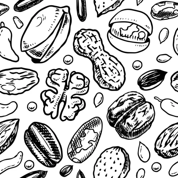 Nuts motif sans couture. Graines et granulés, maïs et céréales. Noisette, Noyer, Amandes. Concept de nourriture. Fond de vue supérieure. Affiche vintage. Croquis gravé à la main dans un style monochrome . — Image vectorielle