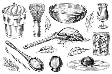 Kibrit yeşil çay seti. Organik toz, bambu çırpıcı chasen, kase chawan, Japon ayini için kaşık chashaku. Sağlıklı hindistan cevizi sütlü latte. Poster için oyulmuş el çizimi Vintage çizimi.