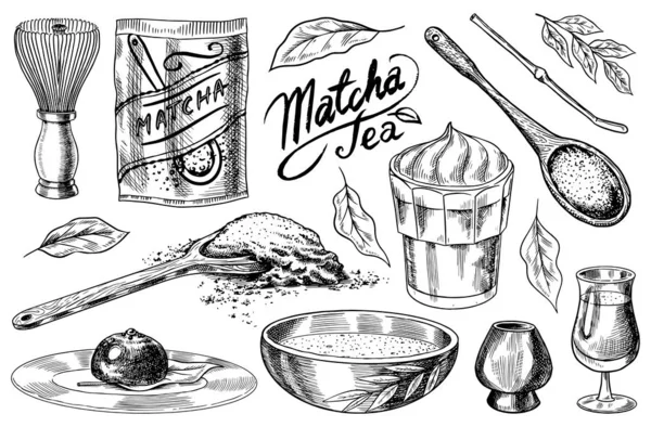 Matcha绿茶套装。 有机粉、竹粉、沙司、碗茶、勺子沙司,供日本人祭祀用. 健康的椰奶拿铁。 为海报而雕刻的手绘古代艺术草图. — 图库矢量图片