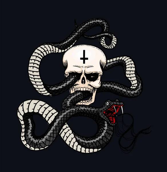 Serpente con teschio in stile Vintage. Serpente cobra o pitone o vipera velenosa su sfondo nero. Disegnato a mano vecchio schizzo rettile inciso per tatuaggio. Anaconda per adesivo o logo o t-shirt . — Vettoriale Stock