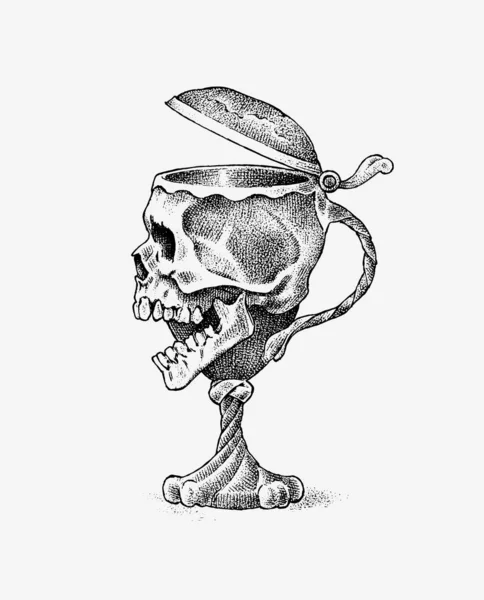 Людський череп у формі винного горнятка. Ретро-старий шкільний ескіз для татуювання в вінтажному стилі. Монохромний символ. Ручний гравірований ретро-бейдж для футболки, банера, плаката та логотипу . — стоковий вектор