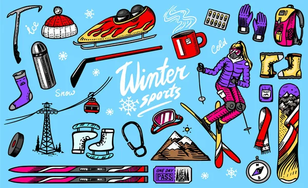 Winter sports season. Vintage Snowboarding and skiing, jumping athlete, mountain cableway, funicular or ropeway, skates, warm clothes for outdoor activities. Hand drawn vector background Doodle style.