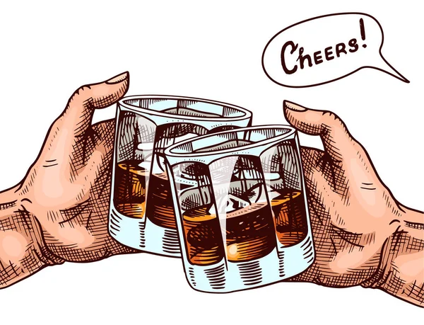 Salud cartel de tostadas. Un vaso de whisky en las manos. Insignia americana vintage. Fuerte bebida de fondo. Dibujo grabado a mano para logo, banner o camiseta . — Vector de stock