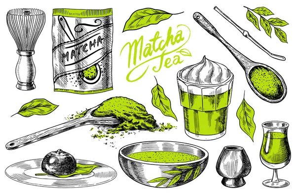 Matcha green tea set. Organic powder, bamboo whisk chasen, bowl chawan, spoon chashaku for Japanese ceremony. Healthy coconut milk latte. Engraved hand drawn Vintage sketch for poster. — Stock Vector
