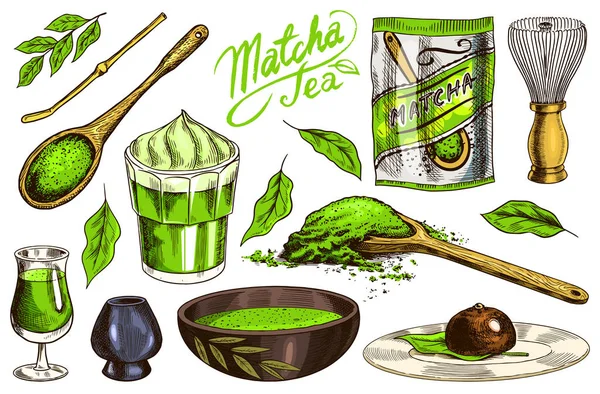 Conjunto de chá verde Matcha. Pó orgânico, chasen de bambu, chawan de tigela, chashaku de colher para cerimônia japonesa. Leite de coco saudável latte. Gravado mão desenhada esboço Vintage para cartaz . — Vetor de Stock