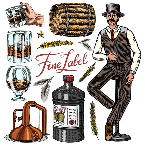 Vintage Whiskey set. Dřevěný sud, skotská a bourbon, pšenice a žito, skleněná láhev, viktoriánský muž, na zdraví toust. Silný alkoholický nápoj. Ručně kreslený náčrt k plakátu, odznak. Americké symboly. — Stockový vektor