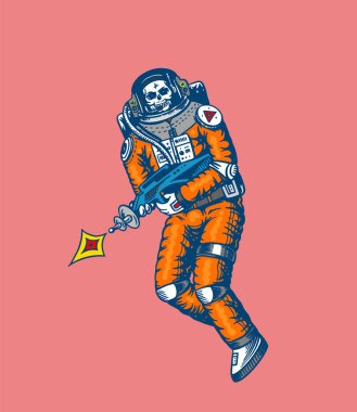 Yükselen Uzay Adamı. Uzay silahları olan iskelet. Güneş sistemindeki astronot. Kazınmış el vintage tarzı eski kroki çizilmiş.
