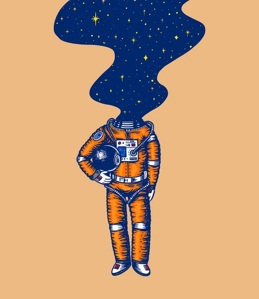 Homem do Espaço a voar. Espaço e galáxia na cabeça. Astronauta no sistema solar. Gravado à mão desenhado Velho esboço em estilo vintage . — Vetor de Stock