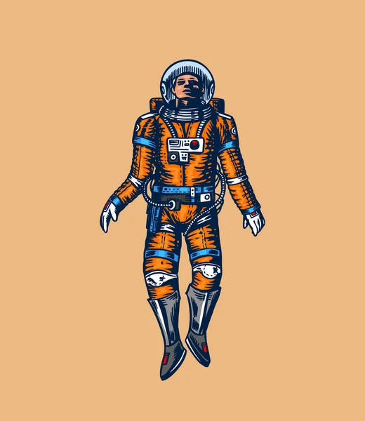 Raumfahrer im All. Astronaut im Sonnensystem. gravierte handgezeichnete Skizze im Vintage-Stil. — Stockvektor