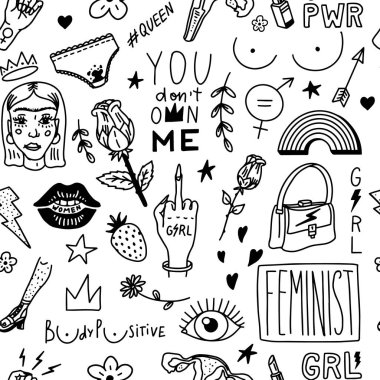 Feminist, klasik tarzda kusursuz bir model. Kız gücü ve vücut pozitifliği. Poster ve kartlar için çıkartmalar. Sloganlar, jestler, kıllı bacaklar, rahim ağzı. Koleksiyon karalama simgeleri. El çizimi çizim.
