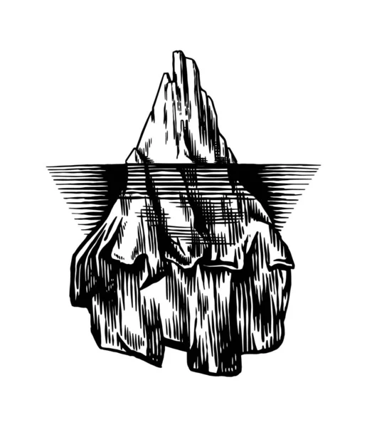 Ledovec v oceánu. Velký kus ledovce plovoucí v severní vodě. Rytá ručně kreslená skica pro znak, logo webu, banner nebo tričko. Izolovaná ilustrace na bílém pozadí. — Stockový vektor