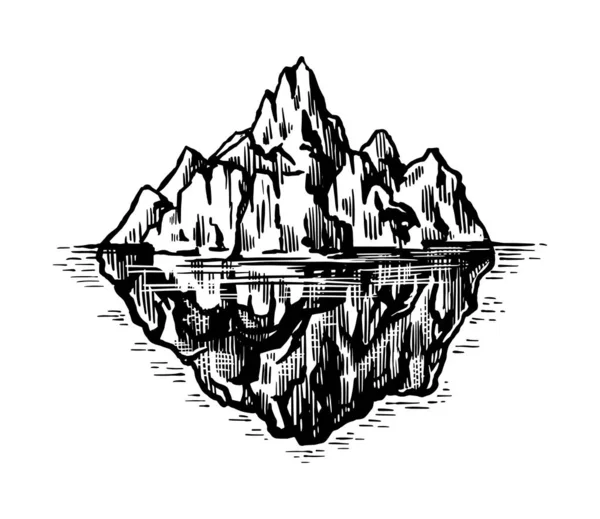 Ісберг в океані. Велика частина гірського льодовика плаває у північній воді. Вигравірувана рука намальована вінтажним ескізом для емблеми, веб- логотипу, банера або футболки. Ізольовані ілюстрації . — стоковий вектор