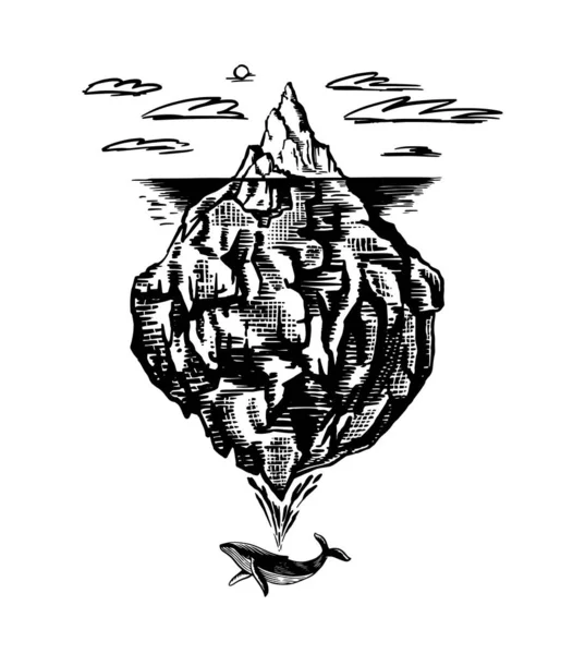 Ledovec v oceánu. Velký kus horského ledovce plovoucího v severní vodě. Rytá ručně kreslená skica pro znak, logo webu, banner nebo tričko. Izolovaná ilustrace. — Stockový vektor