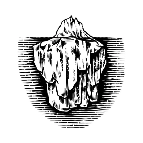 Ісберг в океані. Великий шматок льодовика плаває у північній воді. Вигравірувана рука намальована вінтажним ескізом для емблеми, веб- логотипу, банера або футболки. Ізольована ілюстрація на білому тлі . — стоковий вектор