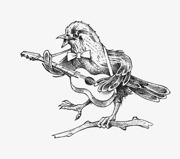 Vrabec hraje na kytaru a zpívá ve stylu vintage. Rytá ručně kreslená retro skica pro banner nebo tričko. — Stockový vektor